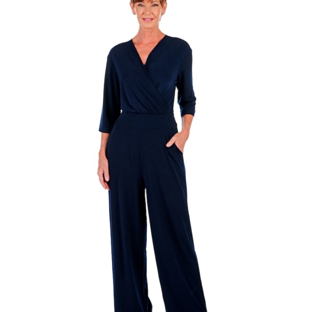NWT Kim & Co black vneck knit jumpsuit with Drawstring waist